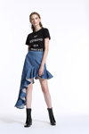 Miss Sixty SS18 lookbook (looks: black top, blue denim skirt, black lowboots)