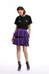 Miss Sixty SS18 lookbook (looks: black top, violet skirt, violet pumps, khaki socks)