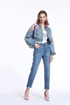 Miss Sixty SS18 lookbook (looks: pink pumps, sky blue jean jacket, sky blue jeans, white top with slogan)
