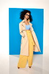 River Island SS18 lookbook (looks: yellow trousers, sky blue crop top, beige trench coat, Sunglasses)