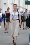 Hot May 2018. Street fashion in Minsk (looks: white top, beige midi pleated skirt)