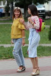 Saligorsk street fashion. 08/2018 (looks: yellow top, sky blue ripped jeans, pink printed blouse, sky blue wrap skirt)