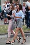 Saligorsk street fashion. 08/2018 (looks: knitted grey cardigan, black top, pink jeans, sky blue blouse, grey checkered mini skirt, black wedge sandals)