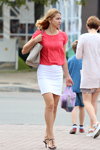 Saligorsk street fashion. 08/2018 (looks: red blouse, white pencil skirt, black sandals)
