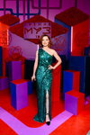 Julia Savicheva. Opening ceremony — Muz-TV Music Awards 2019 (looks: aquamarineevening dress with slit, black pumps, red hair, black clutch)