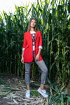 Buter photoshoot — Wow Show (looks: red blazer, grey checkered trousers, white sneakers)