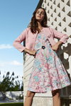 Caroline Biss SS2019 campaign (looks: pink blazer, lace multicolored dress, pink belt)