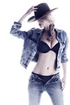 Marlies Dekkers Signature lingerie campaign (looks: sky blue jean jacket, sky blue jeans, black bra, black briefs, black hat)