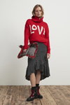 Matalan AW19 lookbook (looks: red jumper with slogan, black polka dot skirt, black socks)