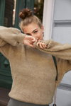 Orsay FW 19/20 campaign (looks: beige jumper, bun (hairstyle))