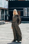 Street fashion. 08/2019 — Copenhagen Fashion Week SS2020 (looks: grey checkered maxi dress, blond hair)
