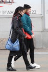 Minsk street fashion. 10/2019 (looks: Dreadlocks, black trench coat, sky blue bag, black jeans, black pumps, red bag, white sneakers, aquamarine jacket)