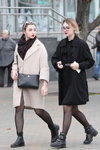 Minsk street fashion. 10/2019 (looks: beige coat, black bag, black tights, black trench coat, black tights)