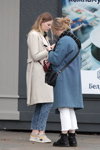 Minsk street fashion. 10/2019 (looks: beige coat, sky blue jeans, sky blue coat, white jeans, black bag)