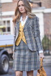 Joe Browns SS 2020 campaign (looks: grey checkered skirt suit, white blouse)