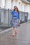 Joe Browns SS 2020 campaign (looks: sky blue leather biker jacket, red sandals, blue and white dress)