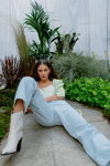 LeGer by Lena Gercke x ABOUT YOU SS 2020 campaign (looks: sky blue jeans, white top with straps)
