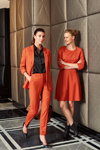 Orsay FW 19/20 campaign (looks: red pantsuit, black blouse, black pumps, red dress, black ankle boots)