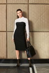 Orsay FW 19/20 campaign (looks: black and white dress, black bag)