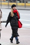 Minsk street fashion. 02/2020 (looks: black beret, black quilted coat, red bag, sky blue jeans, red scarf)