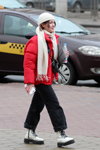 Minsk street fashion. 02/2020 (looks: white scarf, red quilted jacket, black jeans, white knit cap)