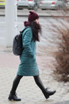 Minsk street fashion. 02/2020 (looks: burgundy knit cap, turquoise quilted coat, black boots, black leather leggings)