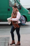 Minsk street fashion. 02/2020 (looks: pink jacket, brown checkered scarf, brown boots, bun (hairstyle))