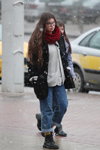 Minsk street fashion. 02/2020 (looks: blue jeans, burgundy scarf, black coat)