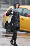Minsk street fashion. 02/2020 (looks: black quilted coat, black jeans, black boots, grey scarf)