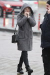 Minsk street fashion. 02/2020 (looks: grey coat, black bag, black trousers, black lowboots)