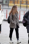 Minsk street fashion. 02/2020 (looks: checkered black and white coat, black trousers, white sneakers)
