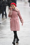 Minsk street fashion. 02/2020 (looks: red beret, pink coat, black tights, blond hair, black lowboots)