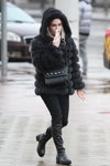 Minsk street fashion. 02/2020 (looks: black fur coat, black knee high boots, black bag)