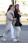 Minsk street fashion. 04/2020 (looks: beige trench coat, white jeans, white sneakers, pink sneakers)