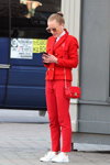 Minsk street fashion. 04/2020 (looks: red blazer, red trousers, red bag, bun (hairstyle), Sunglasses)