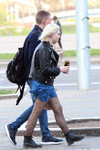 Minsk street fashion. 04/2020 (looks: black leather biker jacket, black polka dot tights, blond hair)