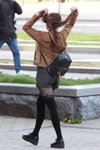 Minsk street fashion. 04/2020 (looks: black backpack, grey shorts, black tights which imitate stockings, black pumps, brown jacket)