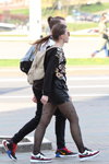 Minsk street fashion. 04/2020 (looks: black flowerfloral jumper, black shorts, black sheer tights, white sneakers)