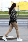 Minsk street fashion. 04/2020 (looks: khaki camouflage blouse, nude trousers, white sneakers, black backpack)