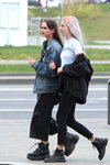 Minsk street fashion. 04/2020 (looks: sky blue jean jacket, black culottes, black sneakers, white top, black jeans, blond hair)
