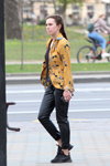 Minsk street fashion. 04/2020 (looks: yellow flowerfloral blazer, black trousers, black sneakers, braid)