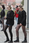 Minsk street fashion. 04/2020 (looks: black hoody, sky blue denim shorts, black tights, black boots, black tights)