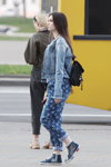 Minsk street fashion. 04/2020 (looks: sky blue jean jacket, blue jeans, black backpack)