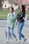 Minsk street fashion. 04/2020 (looks: grey hoody, sky blue jeans, white socks, black leather biker jacket, white socks)