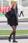 Minsk street fashion. 04/2020 (looks: black jacket, black top, black mini skirt, black boots, black sheer tights)