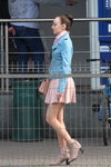 Minsk street fashion. 05/2020. Part 1 (looks: sky blue leather biker jacket, pink mini skirt, pink ankle boots)