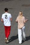 Minsk street fashion. 05/2020. Part 1 (looks: white t-shirt, red sport trousers, nude top, white trousers, white sneakers)