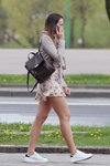 Minsk street fashion. 05/2020. Part 2 (looks: beige biker jacket, pink flowerfloral mini dress, white sneakers, brown backpack)