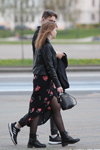 Minsk street fashion. 05/2020. Part 2 (looks: black leather jacket, black flowerfloral skirt, black tights, black boots)