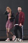 Minsk street fashion. 05/2020. Part 2 (looks: black leather jacket, mini multicolored dress, black fishnet tights, pink sneakers, pink cotton socks, horsetail (hairstyle), burgundy bomber, black sport trousers, white sneakers)
